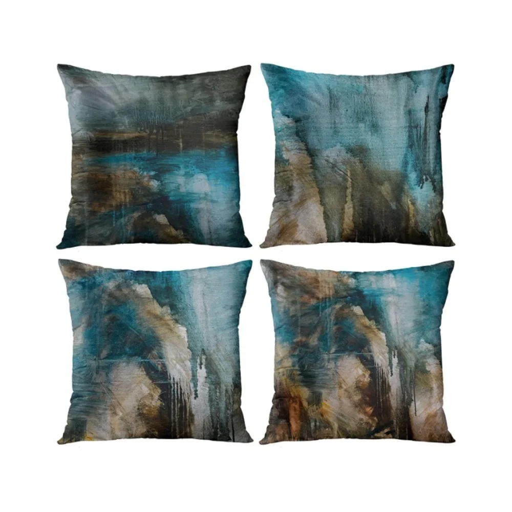 Luxury Home | Modern Teal & Brown Abstract Oil Painting Throw Pillow Covers
